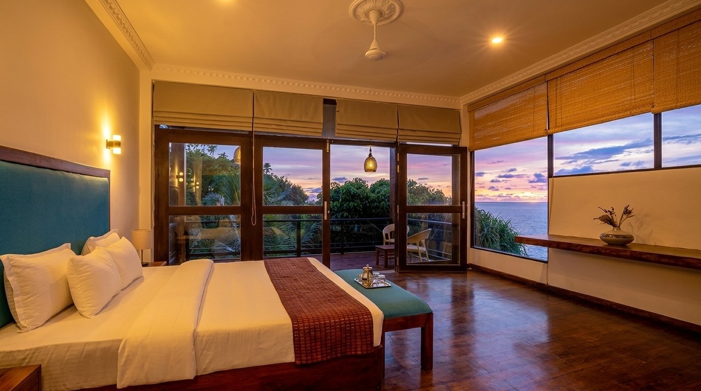 Warmly lit bedroom with a balcony and sunset ocean views