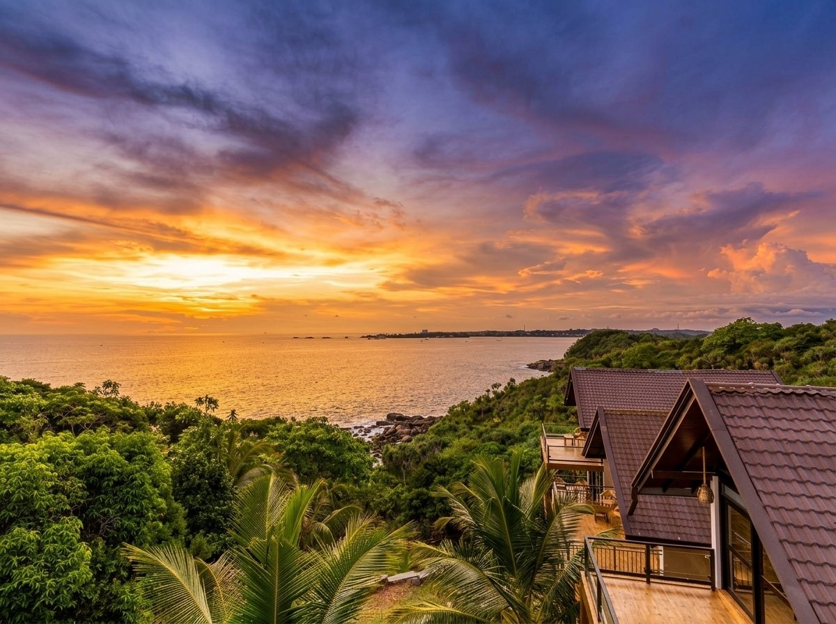 Sunset over the ocean beside the villa rooftops