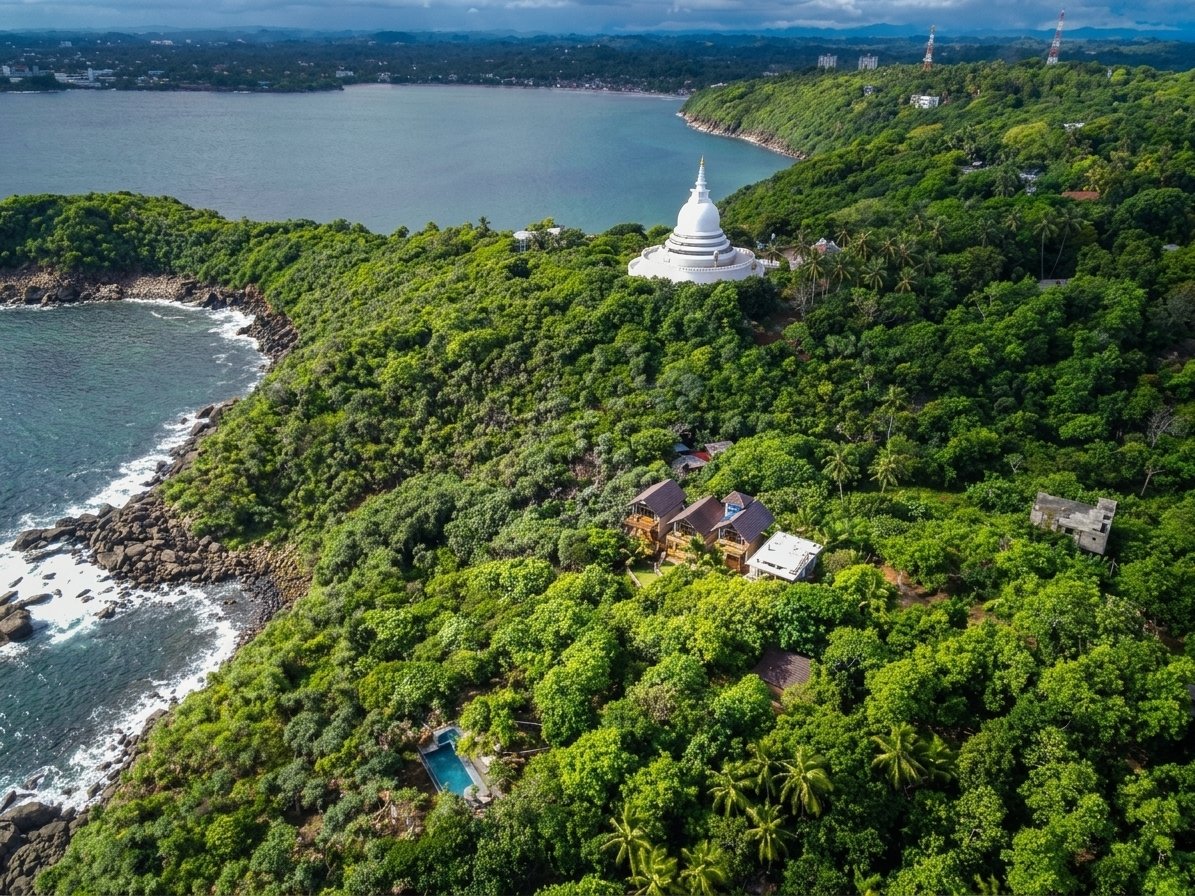 Aerial view of Rumassala coastline and the Peace Pagoda